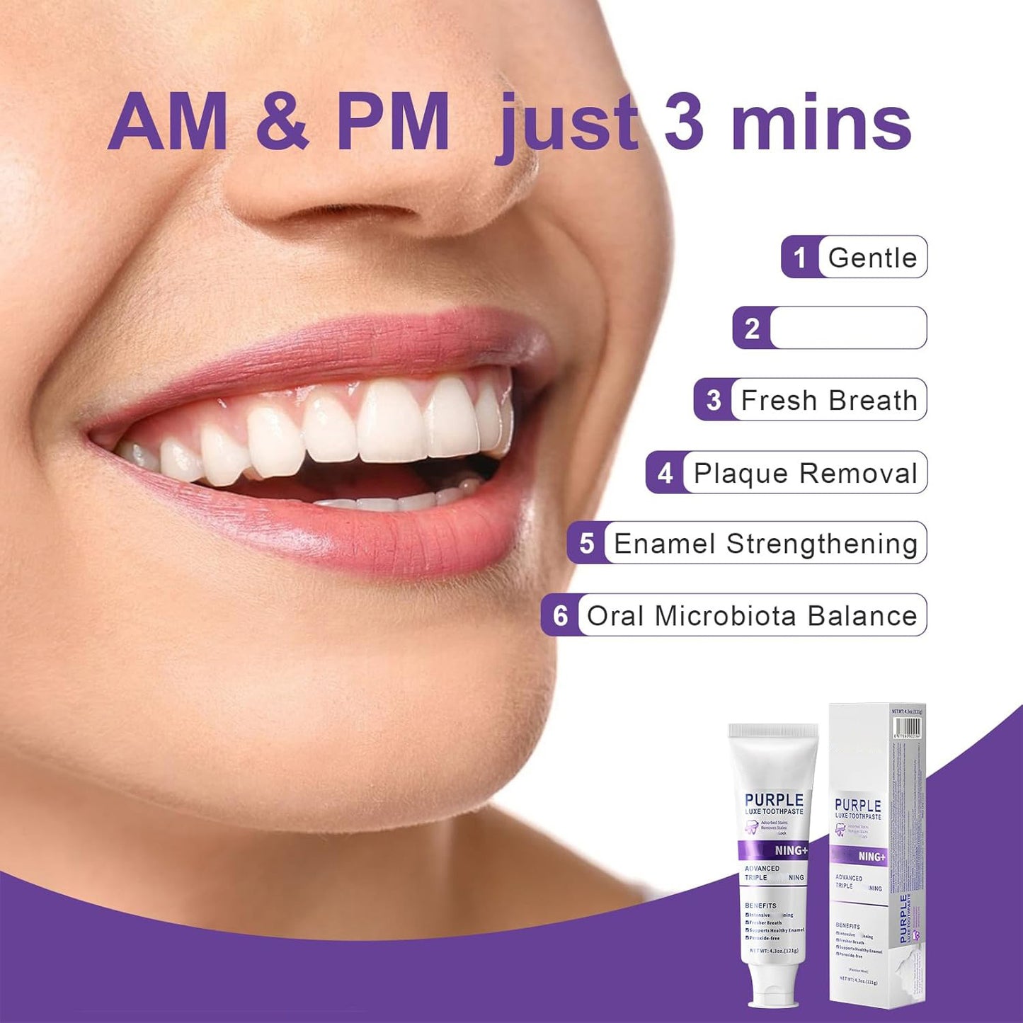 Whitening toothpaste freshens breath, cleans mouth and teeth, removes dental stains and bad breath.