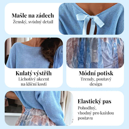 Modri dvodelni komplet: moder top z pentljo na hrbtu in krilo iz tila✨