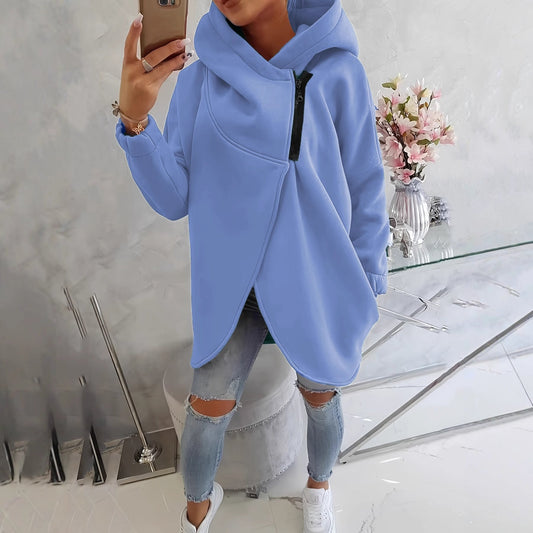 Дамски едноцветен суичър с качулка с преден джоб и цип