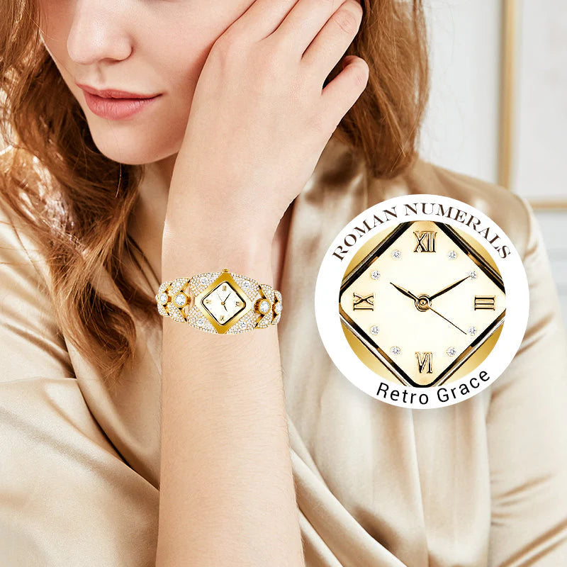Ženska retro kvarčna ura z bleščečimi okrasnimi kamni⌚