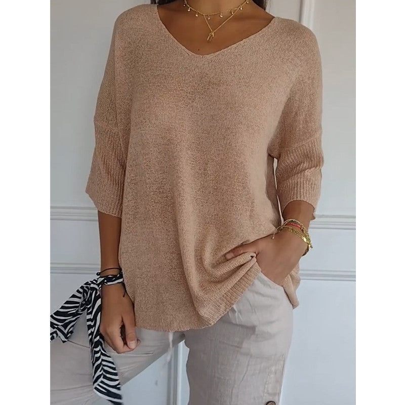 💖Enobarvni pleteni top z ozkim V-izrezom, ki poudarja linijo vratu✨Kralj vseh stilov