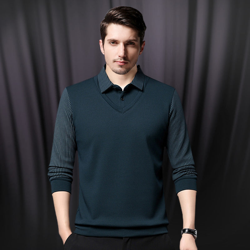 😎Poslovni moški stil✨Moška dvodelna pletena srajca z reverjem in imitacijo vzorcem