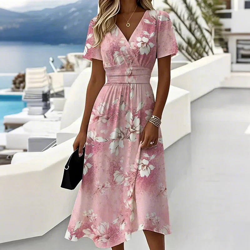 ?Sukienka midi z dekoltem w szpic i nadrukiem Moda Damska