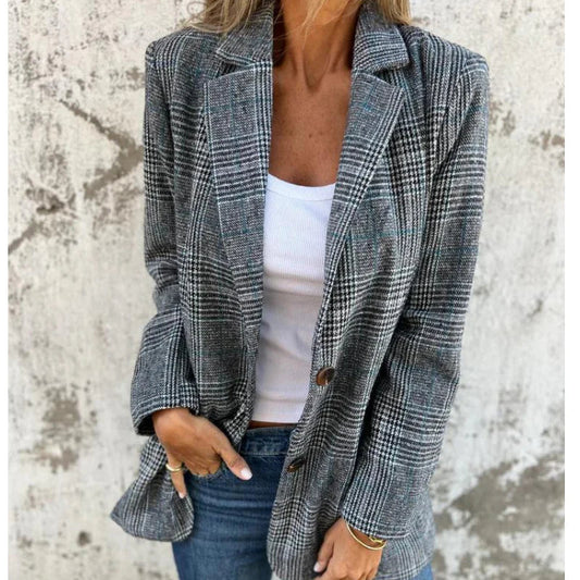 🔥Есенен къс дамски костюм с ревери и карирани копчета