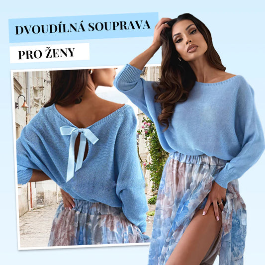 Modri dvodelni komplet: moder top z pentljo na hrbtu in krilo iz tila✨