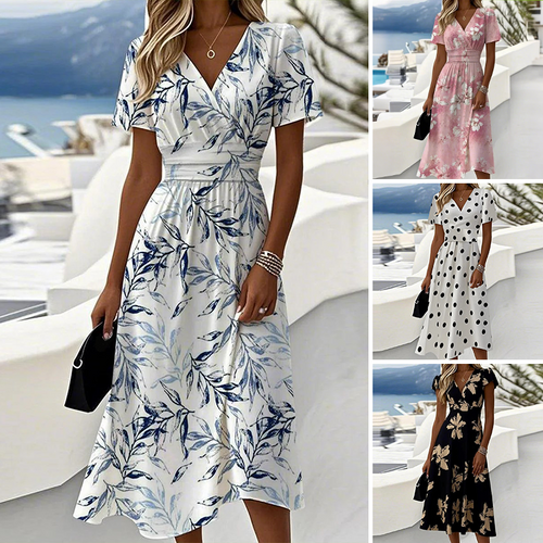 ?Sukienka midi z dekoltem w szpic i nadrukiem Moda Damska
