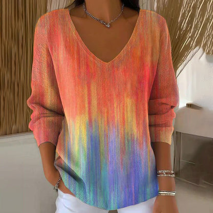 【❤️Kombinacija udobja in elegance】✨Bluza z dolgimi rokavi in V-izrezom s potiskom