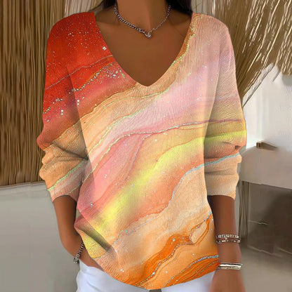 【❤️Kombinacija udobja in elegance】✨Bluza z dolgimi rokavi in V-izrezom s potiskom