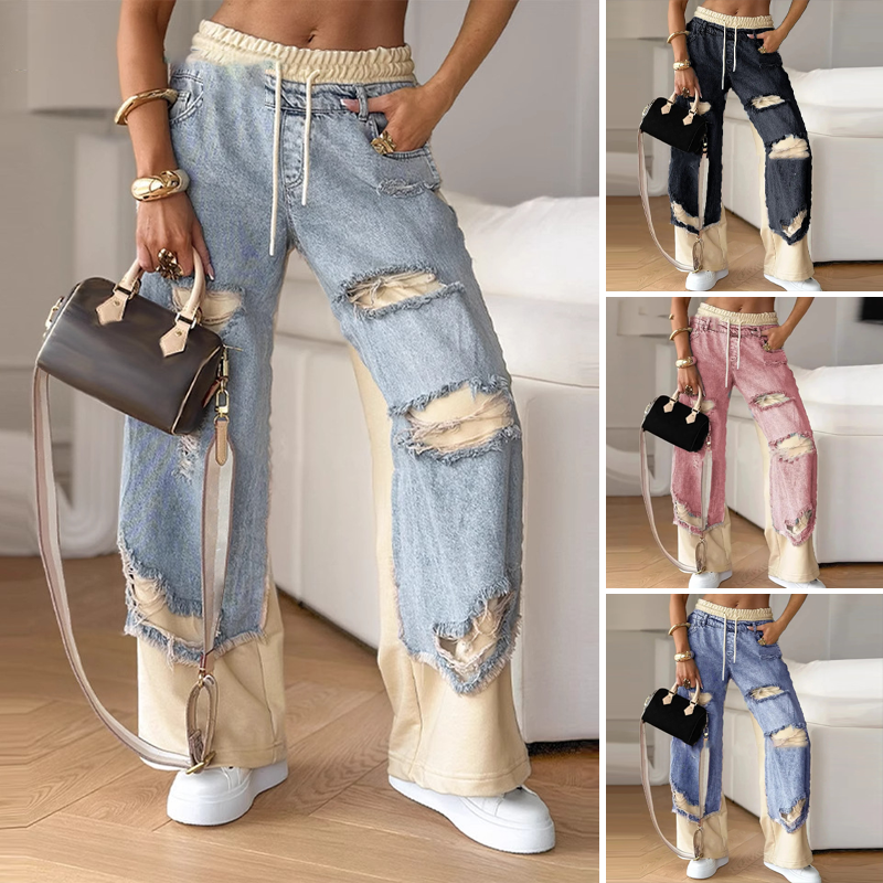👖 Široke elastične hlače iz jeansa z vrvico za zategovanje