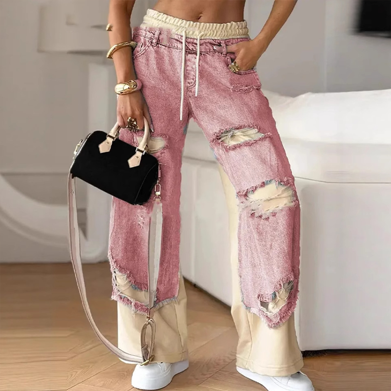 👖 Široke elastične hlače iz jeansa z vrvico za zategovanje