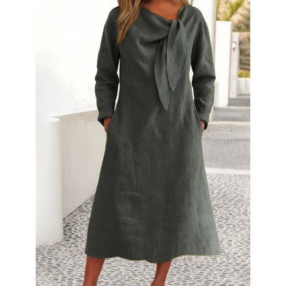 👗Enobarvna obleka z dolgimi rokavi in okroglim izrezom，Preprosto in elegantno, polno modnega čuta 💃